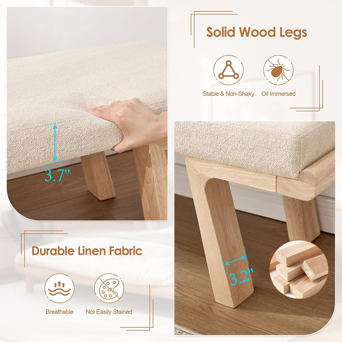 Beige Upholstered Solid Wood Entryway Bench