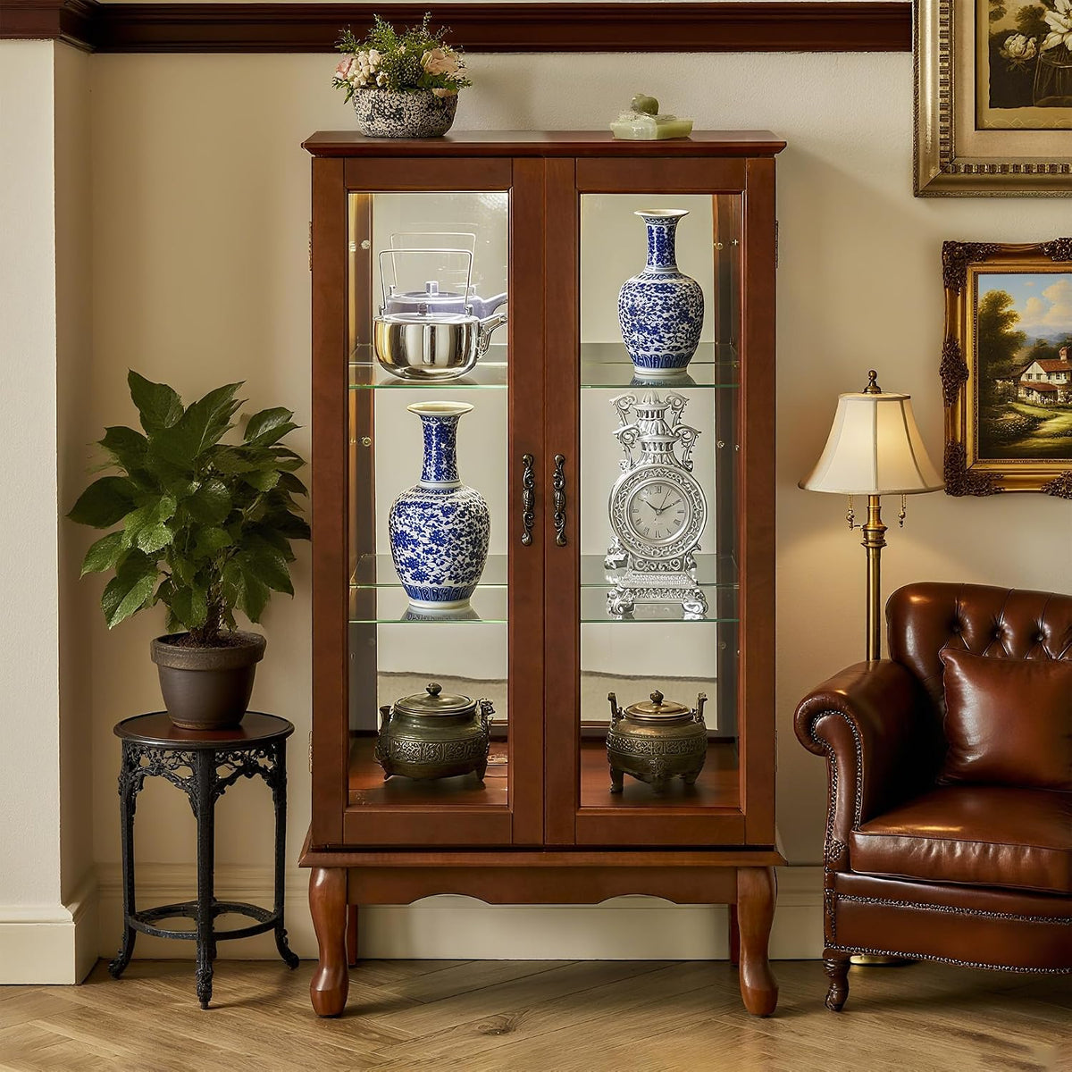 Walnut Vintage Lighted Curio Display Cabinet