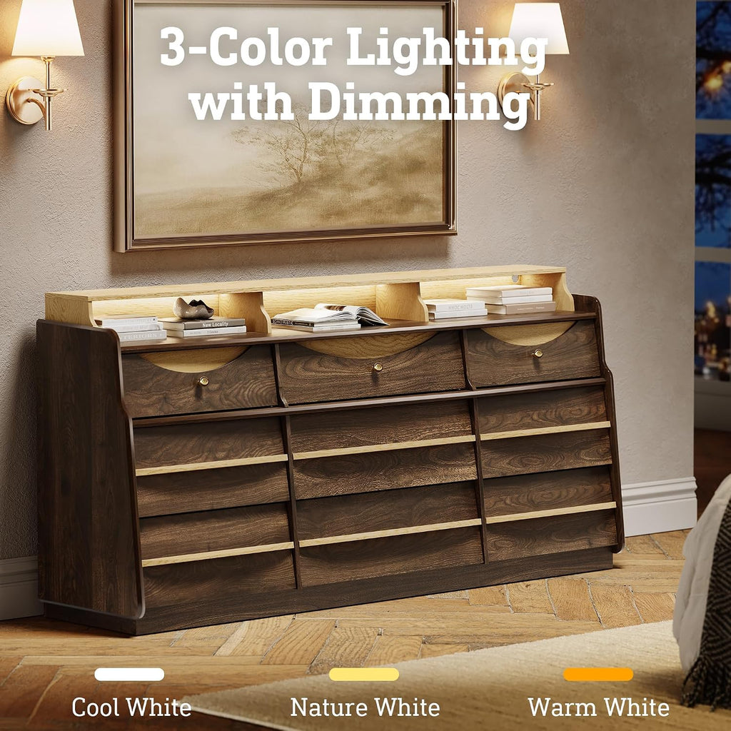 Walnut Curved 9‑Drawer LED Dresser TV Stand