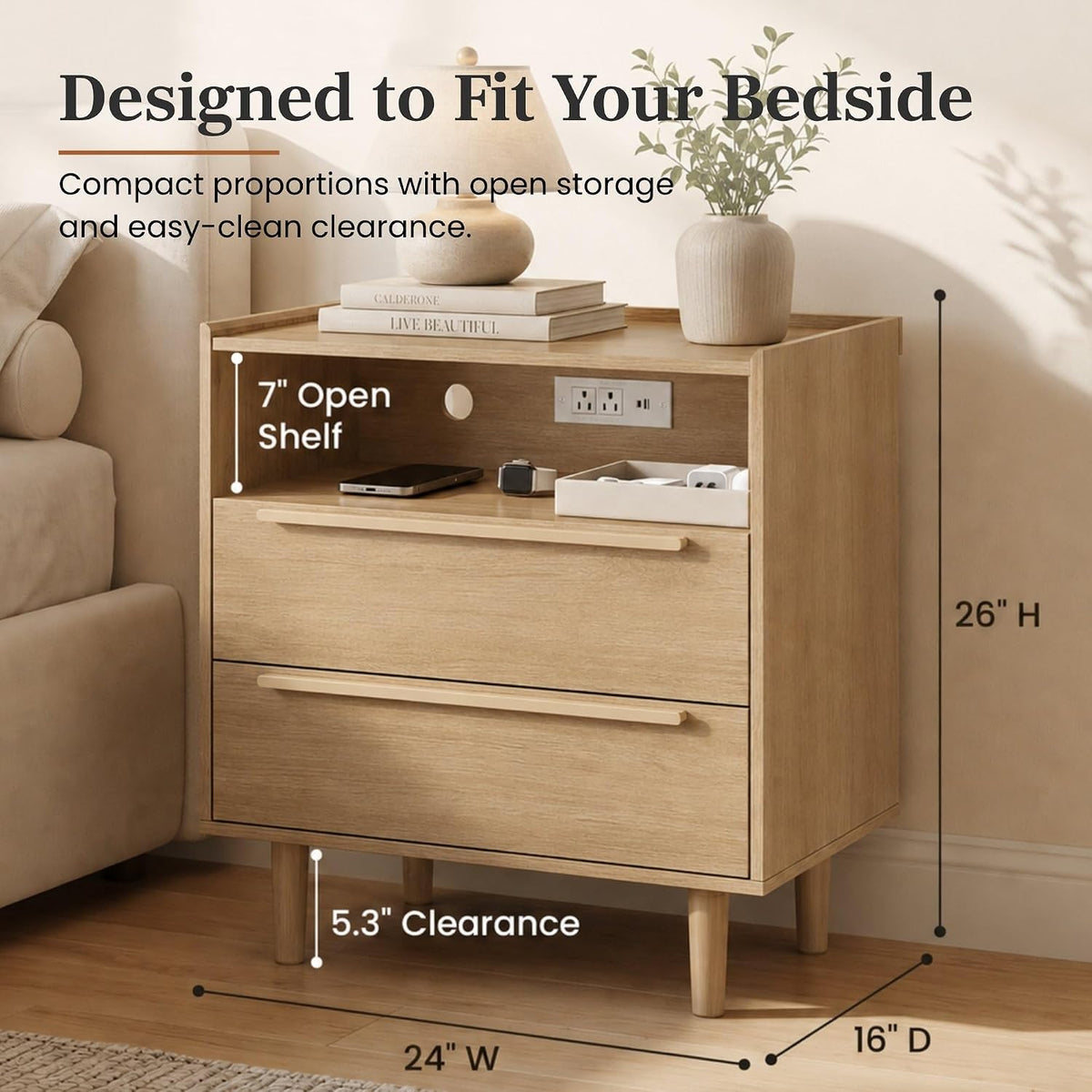 Natural Oak 2‑Drawer Charging Nightstand