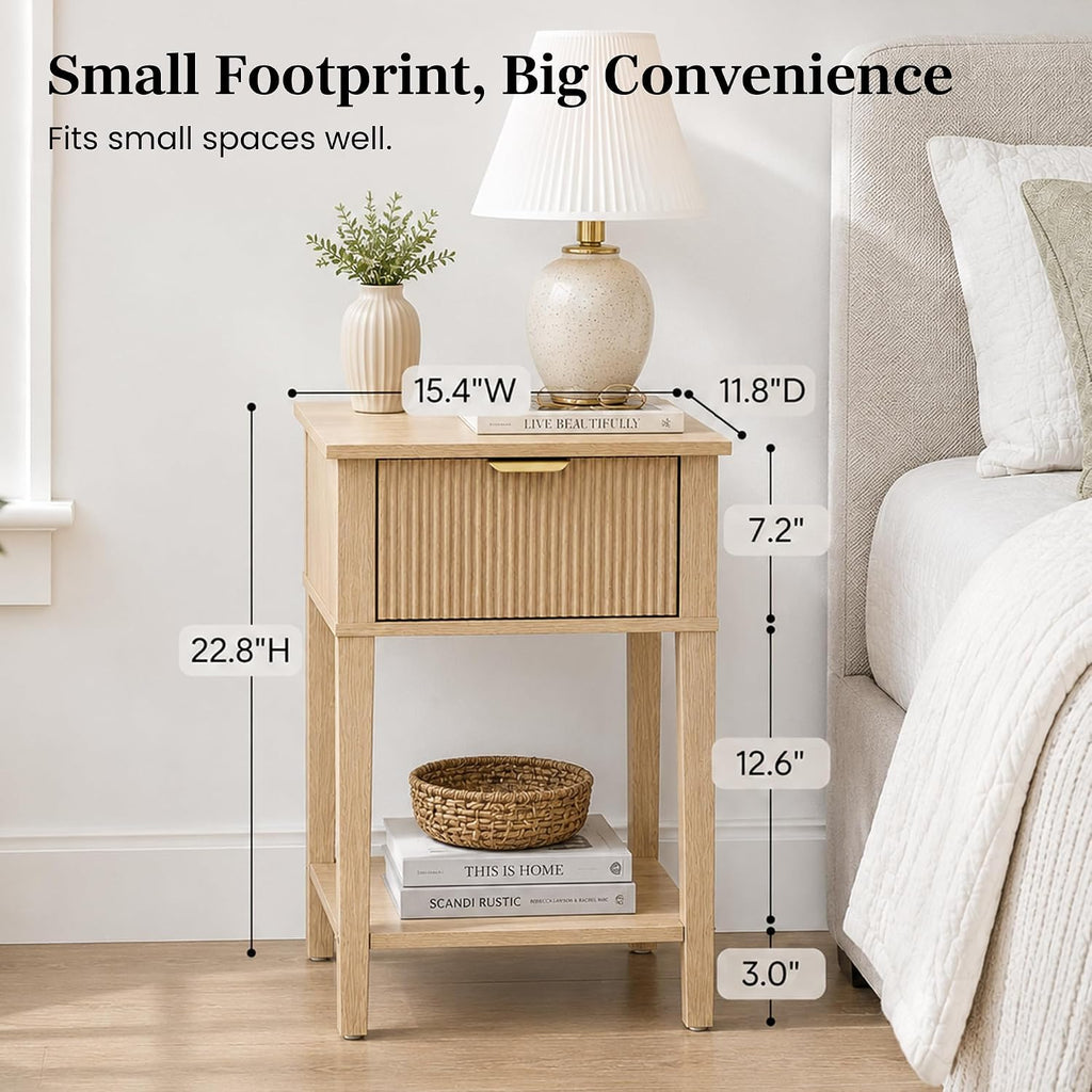 Natural Oak Fluted Drawer Shelf Nightstand