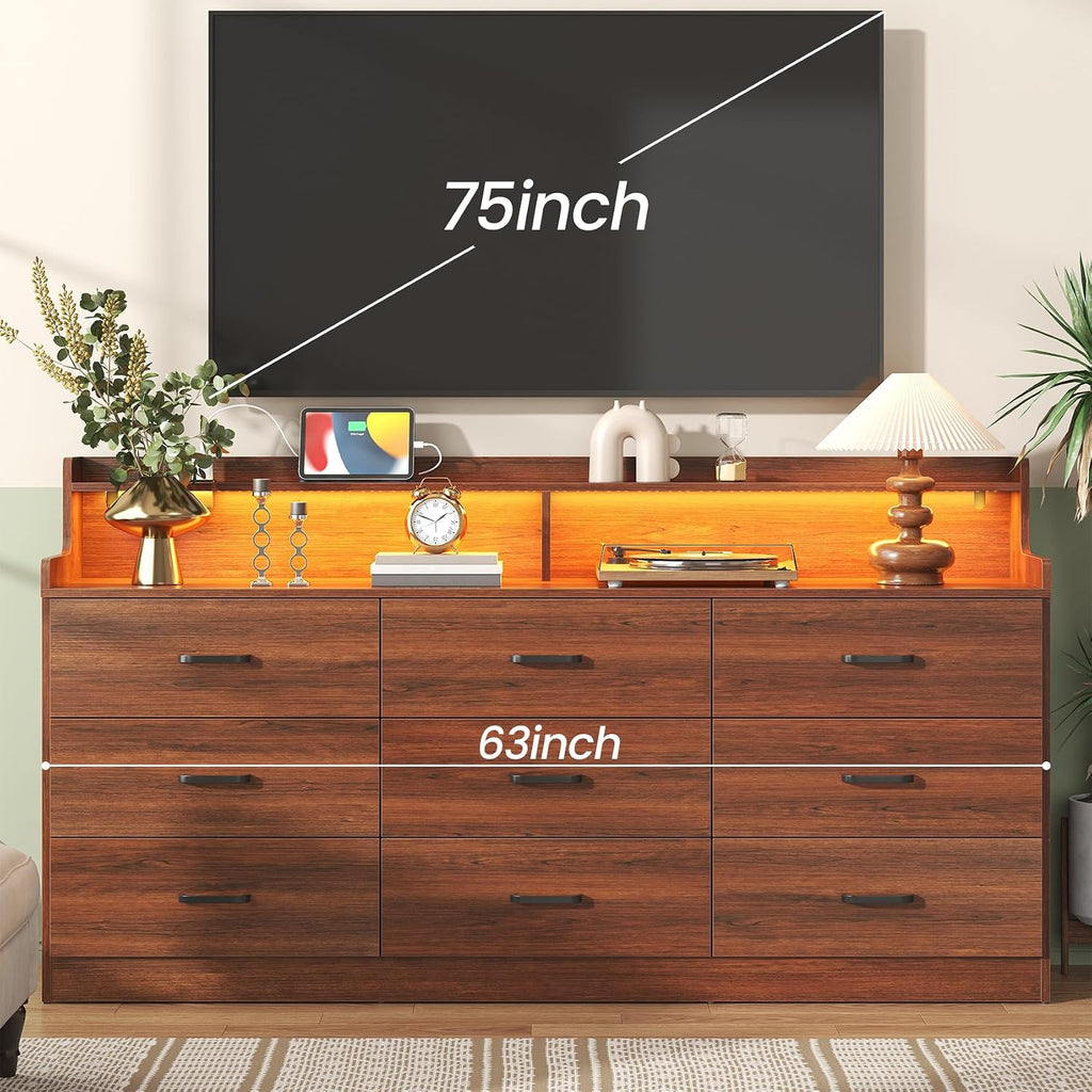 Walnut‑Brown 9‑Drawer LED Dresser