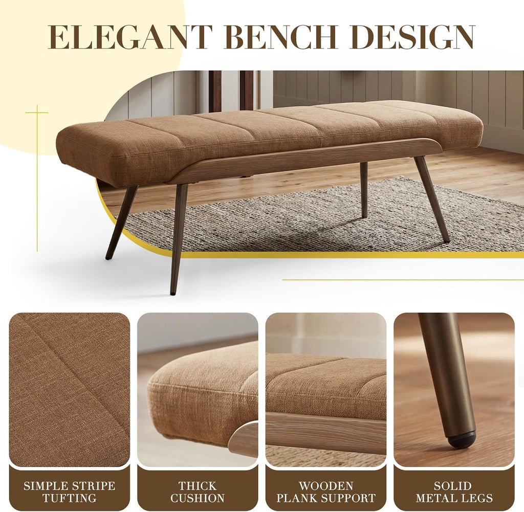 Brown Linen Upholstered Metal‑Leg Ottoman Bench