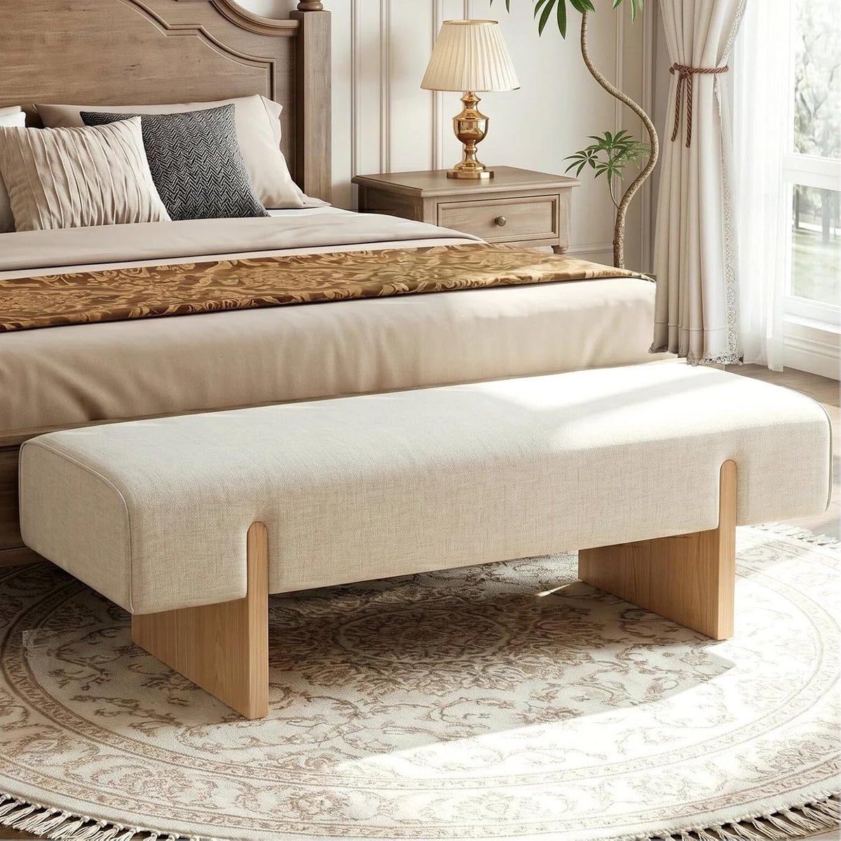 Linen Upholstered Solid Wood Bed End Bench