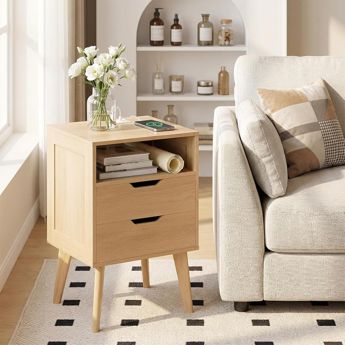 Nightstand 2 Drawers Charging Station