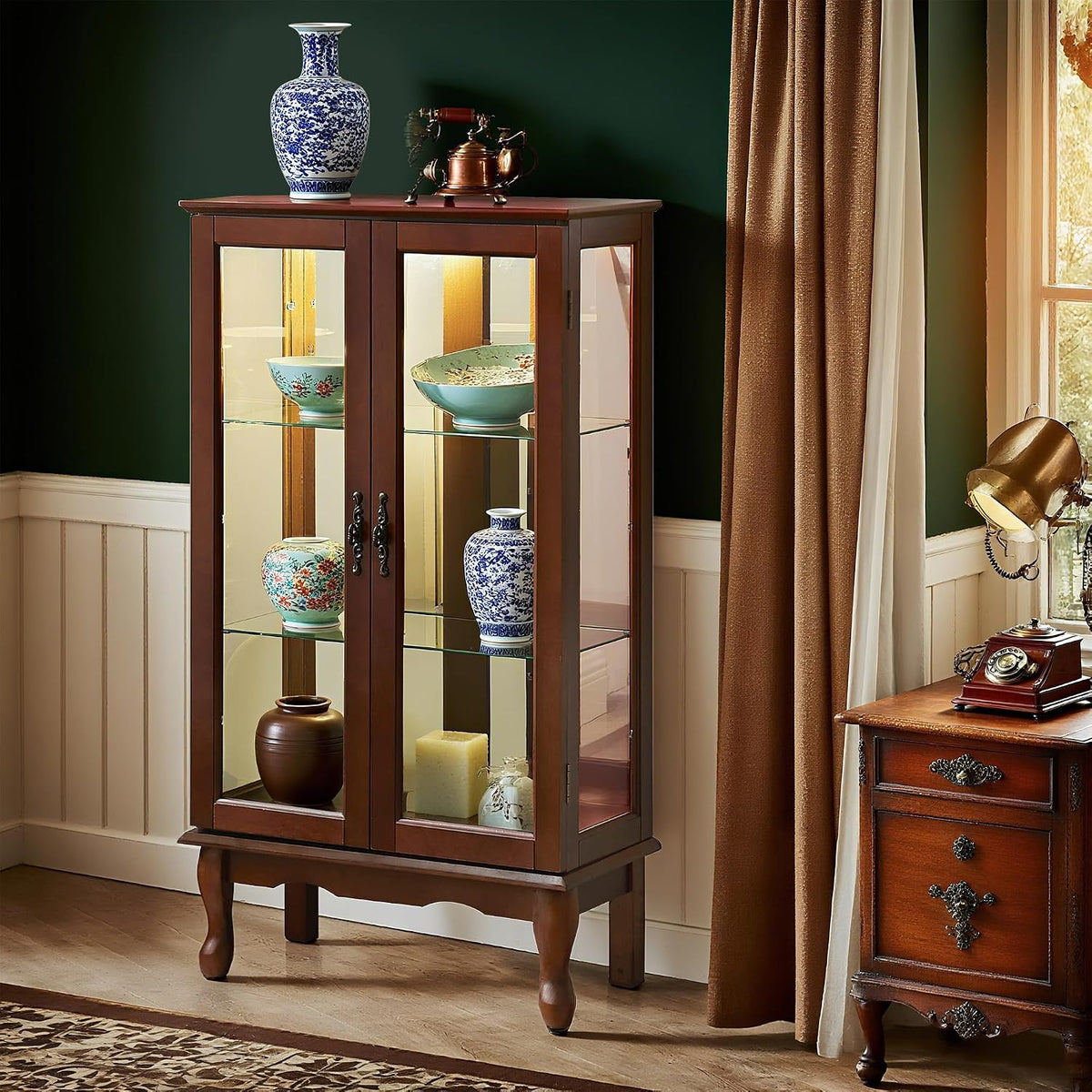 Walnut Vintage Lighted Curio Display Cabinet