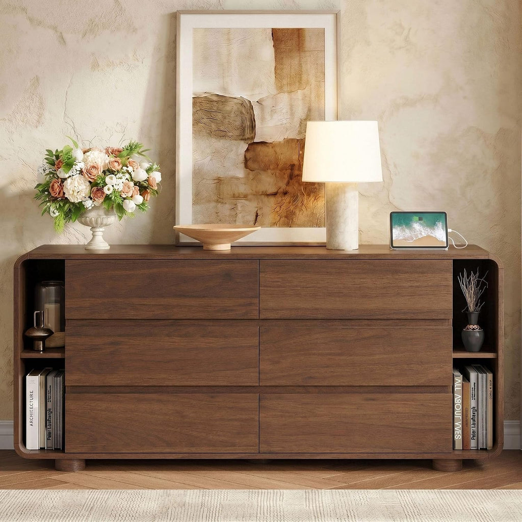 Walnut Rounded‑Corner 6‑Drawer Dresser