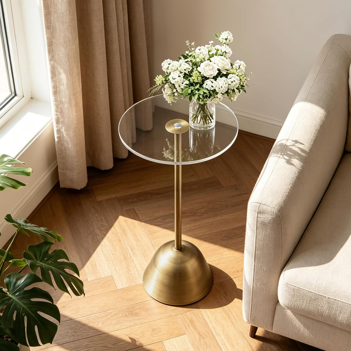 Brass Acrylic Round Pedestal Side Table
