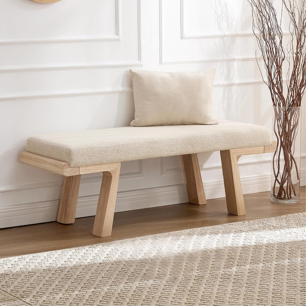 Beige Upholstered Solid Wood Entryway Bench