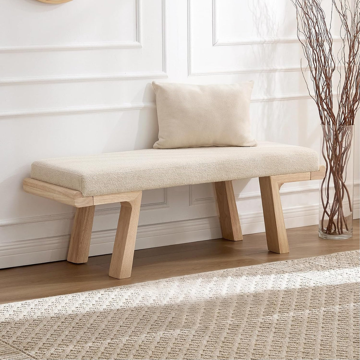 Beige Upholstered Solid Wood Entryway Bench
