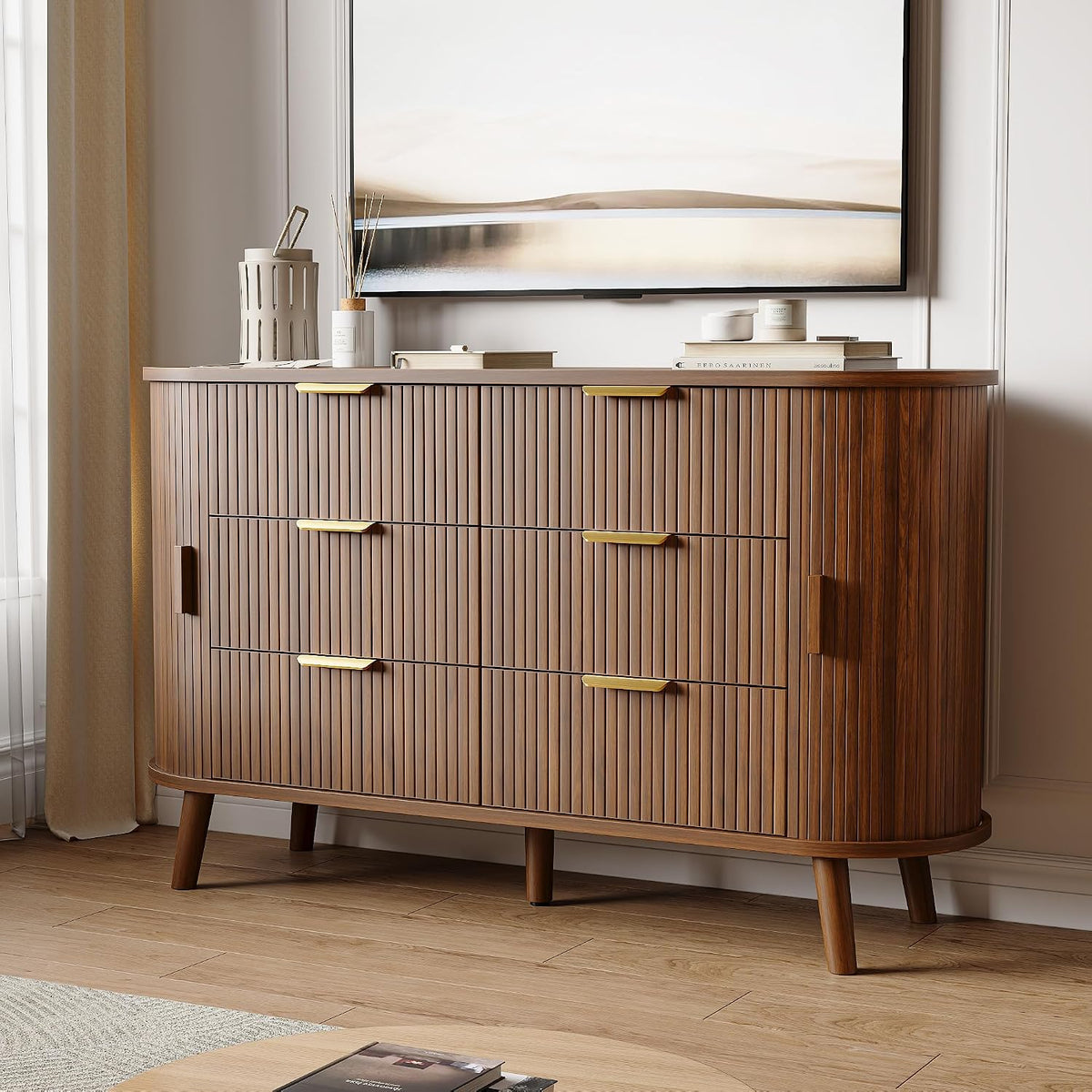 Fluted Mid‑Century 6‑Drawer Dresser