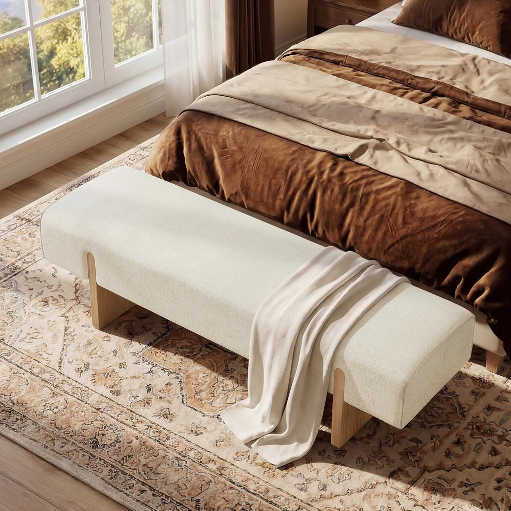 Solid‑Wood Leg Natural‑Linen Upholstered Bed End Bench