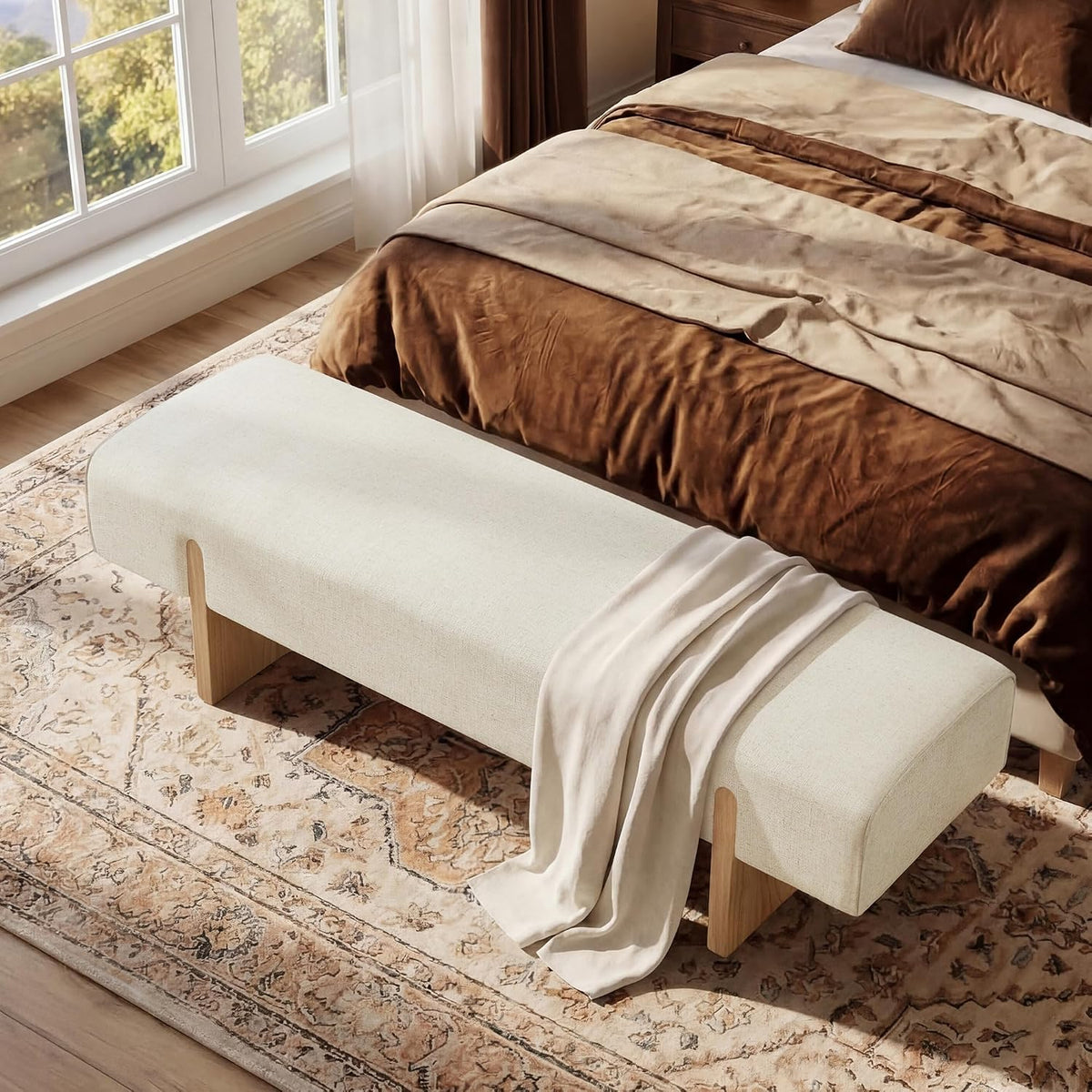 Solid‑Wood Leg Natural‑Linen Upholstered Bed End Bench