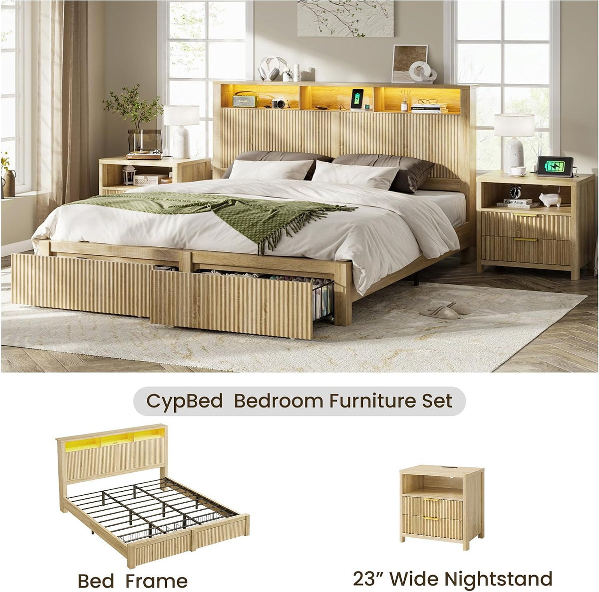 Light Oak Fluted Charging Nightstand