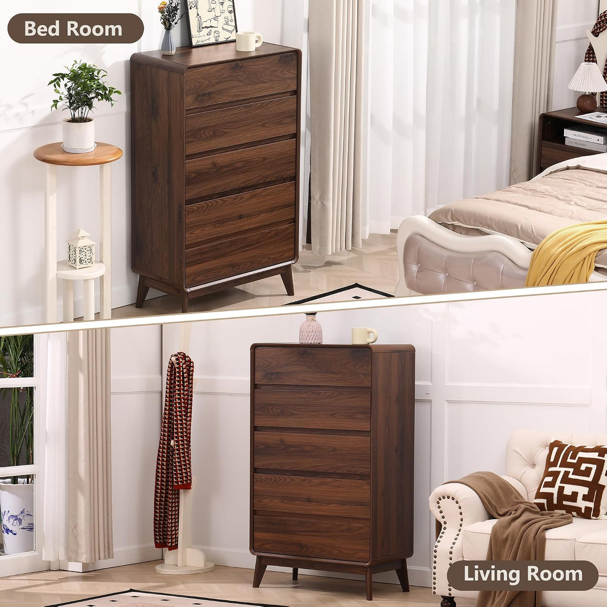 Walnut Tall 5‑Drawer Bedroom Chest Dresser
