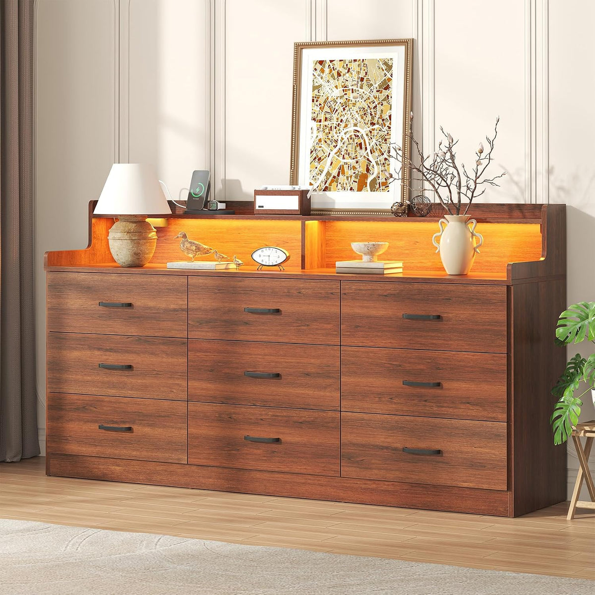 Walnut‑Brown 9‑Drawer LED Dresser