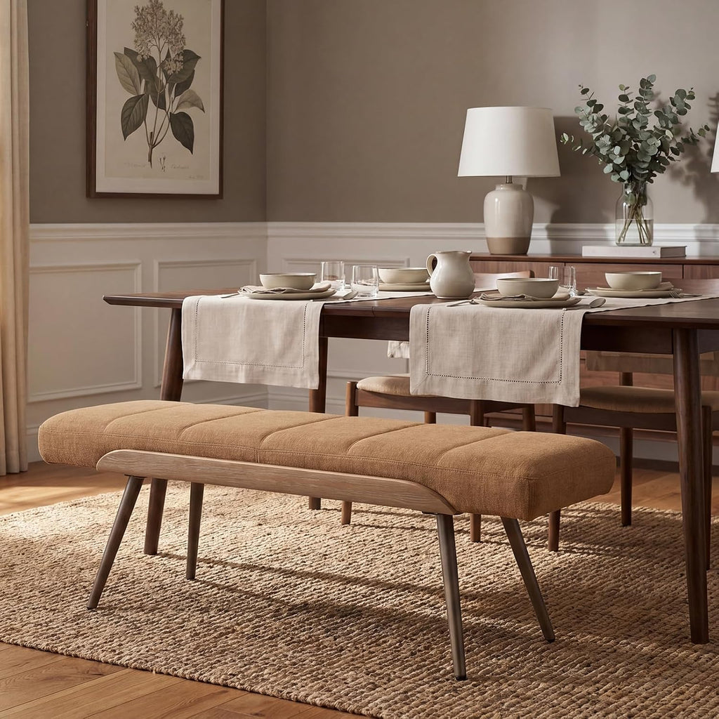 Brown Linen Upholstered Metal‑Leg Ottoman Bench