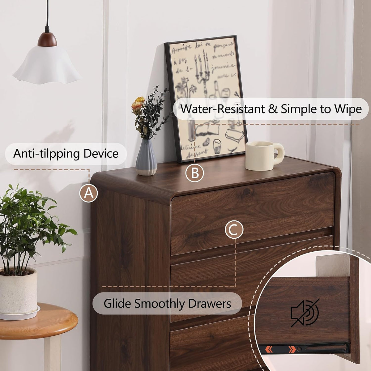 Walnut Tall 5‑Drawer Bedroom Chest Dresser
