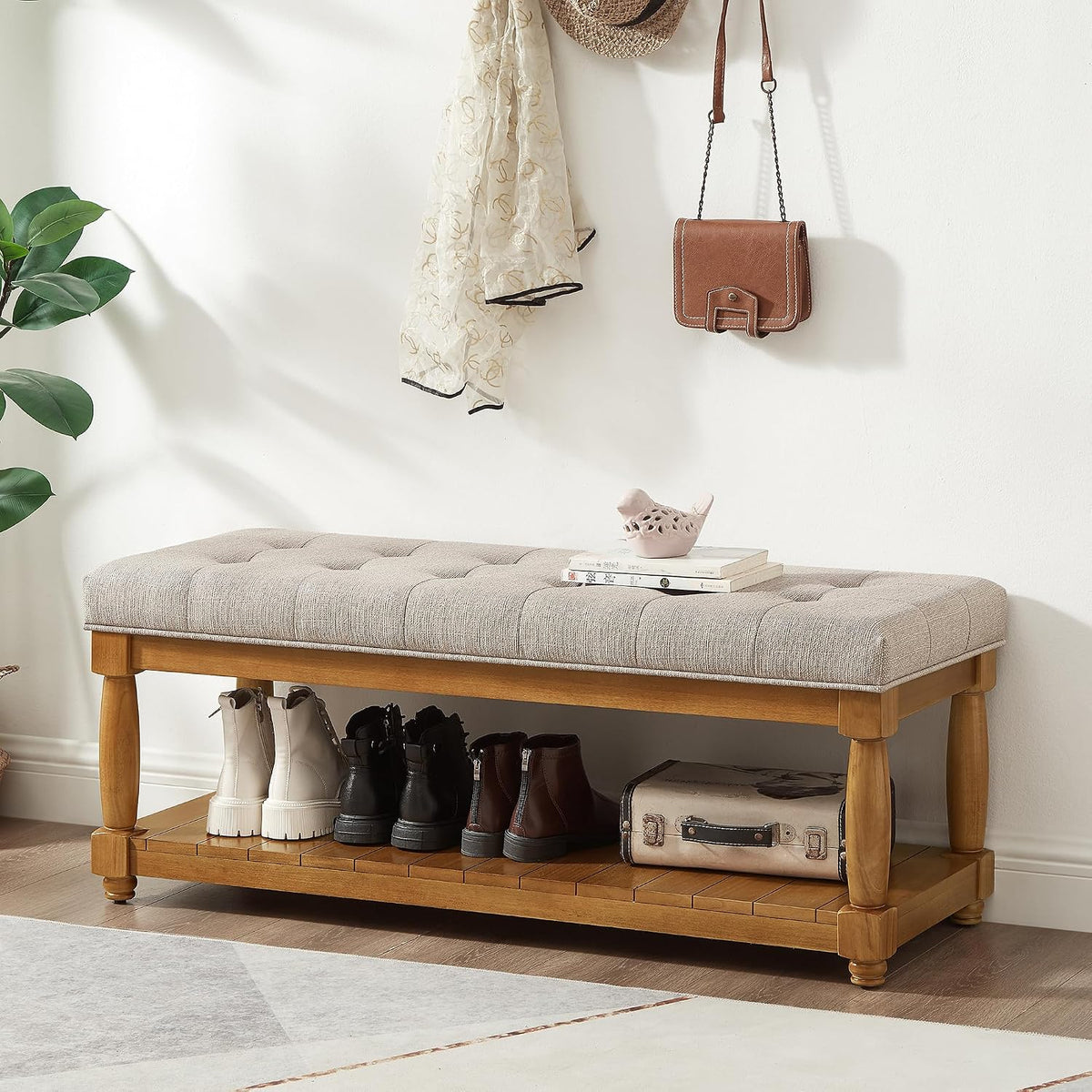 Linen Button‑Tufted Storage Bench