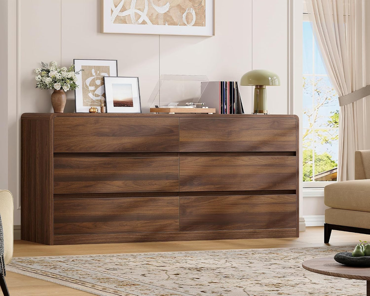 Walnut Curved 6‑Drawer Bedroom Dresser
