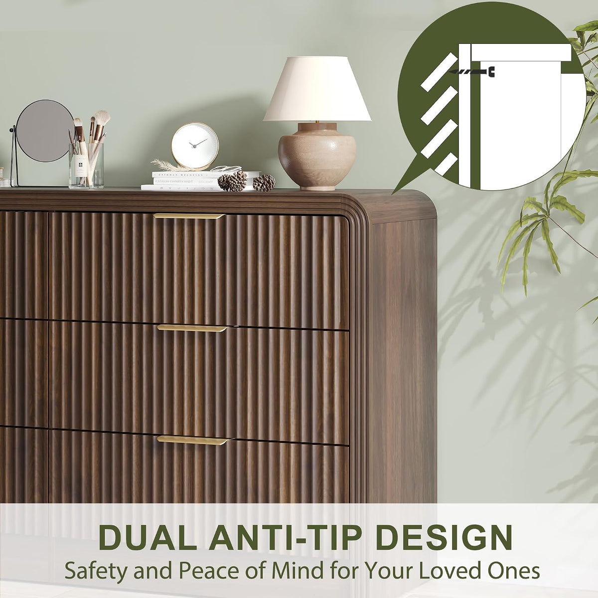 Walnut Fluted 6‑Drawer Dresser