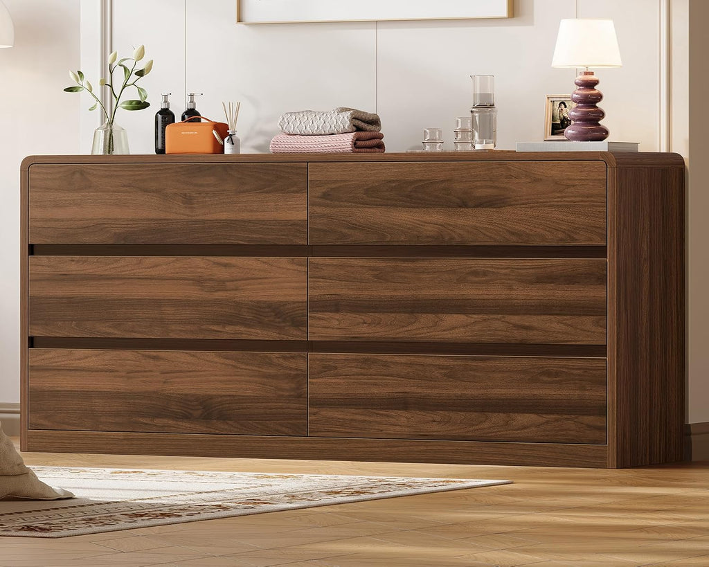 Walnut Curved 6‑Drawer Bedroom Dresser
