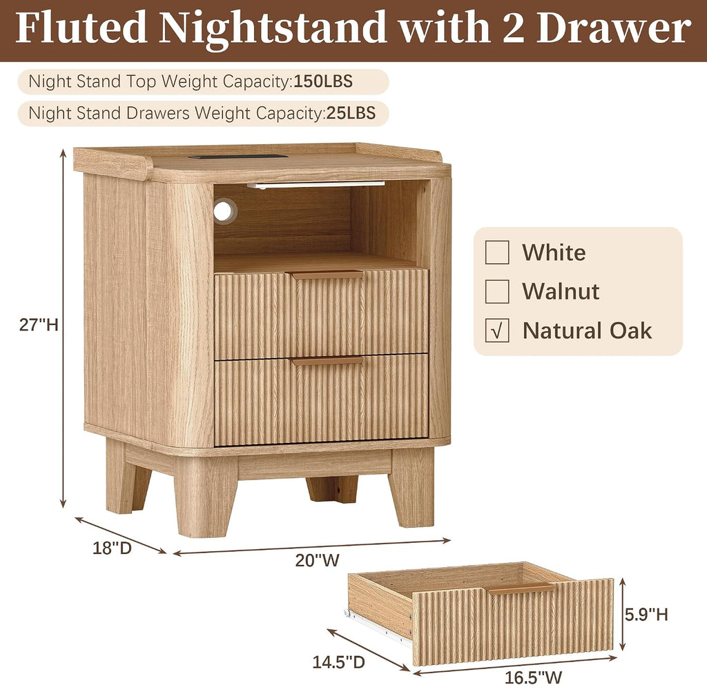 Natural Oak Fluted 2‑Drawer Charging Nightstand