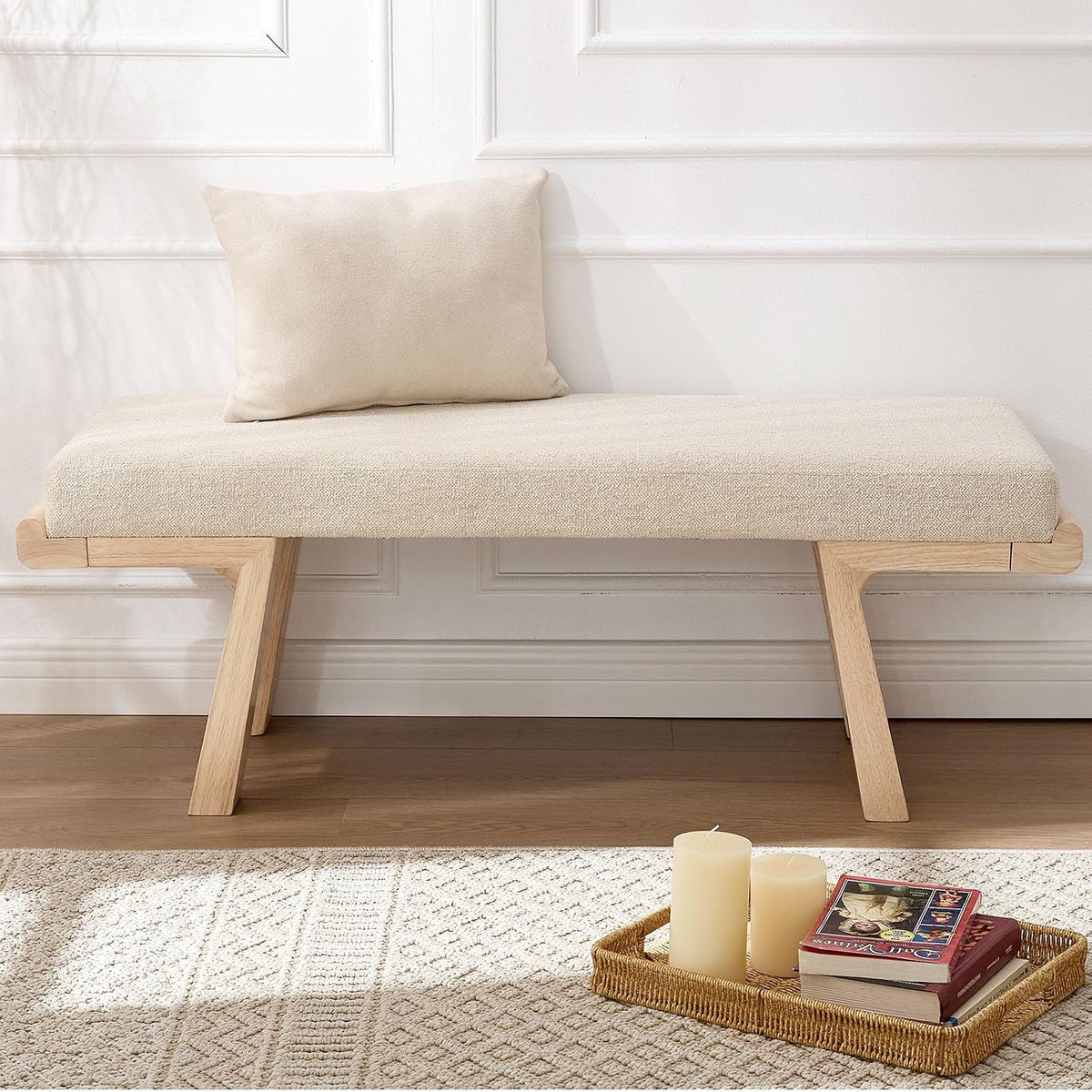 Beige Upholstered Solid Wood Entryway Bench