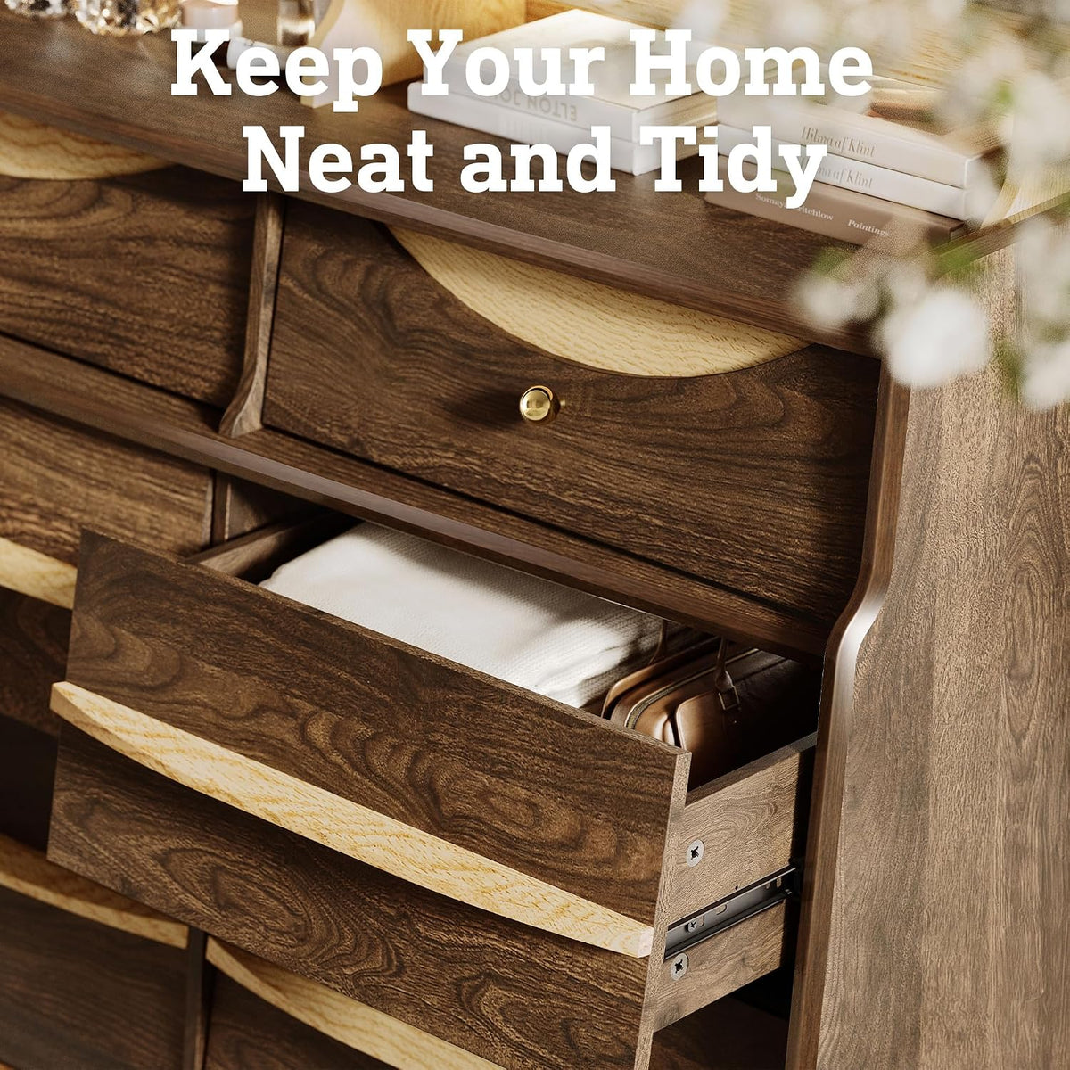 Walnut Curved 9‑Drawer LED Dresser TV Stand
