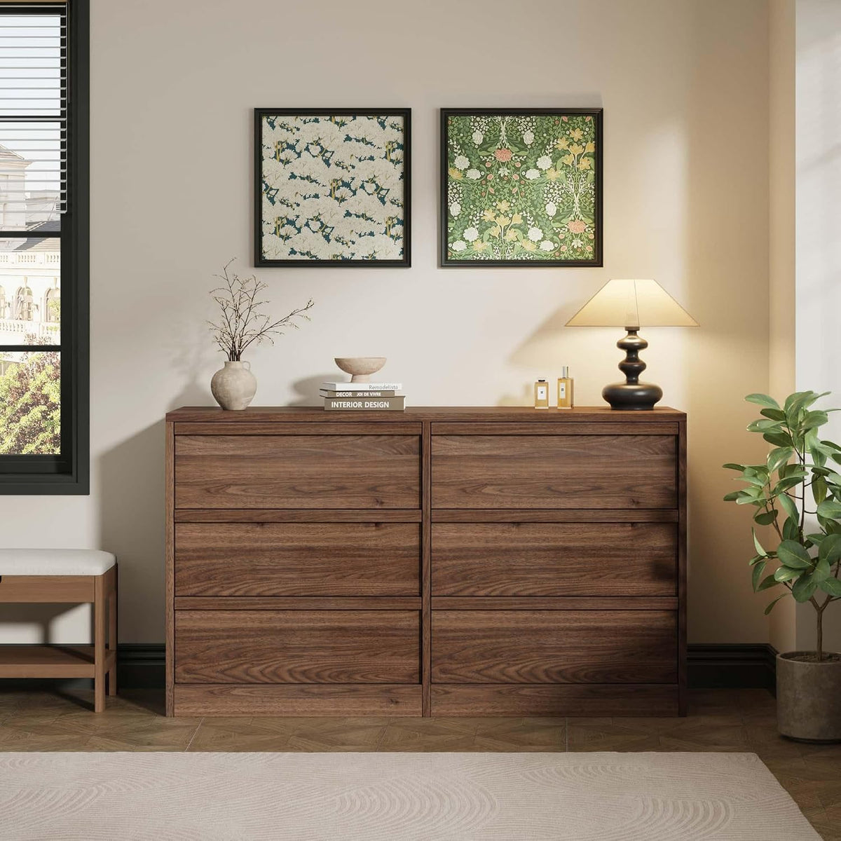 Walnut Wide 6‑Drawer Wooden Dresser