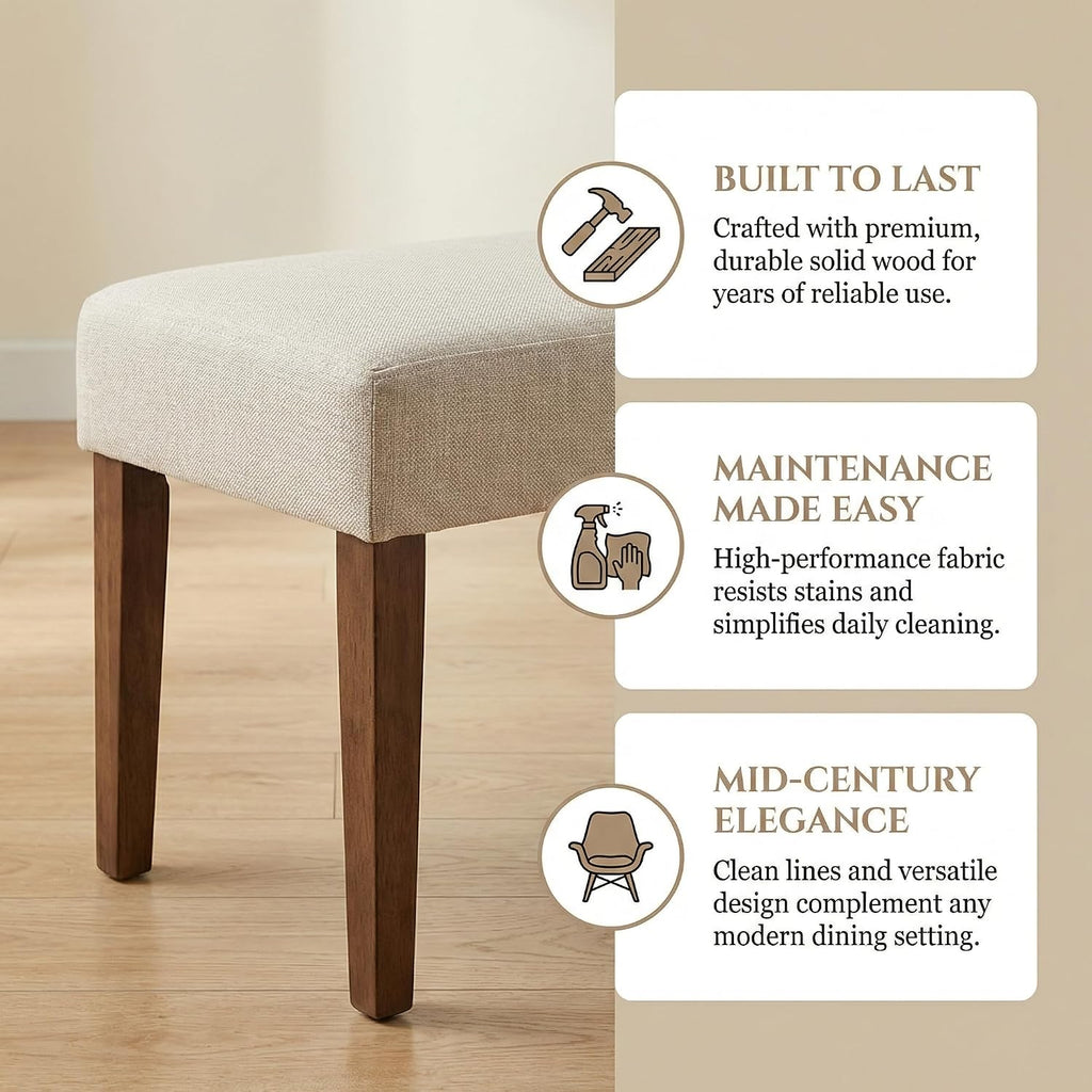 Beige Linen Farmhouse Wood‑Leg Bench