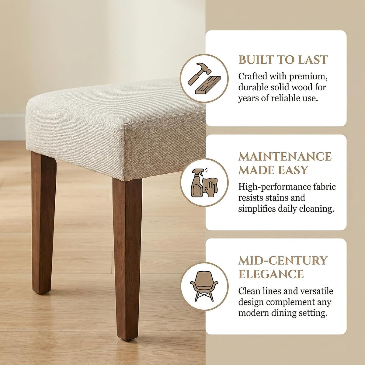 Beige Linen Farmhouse Wood‑Leg Bench