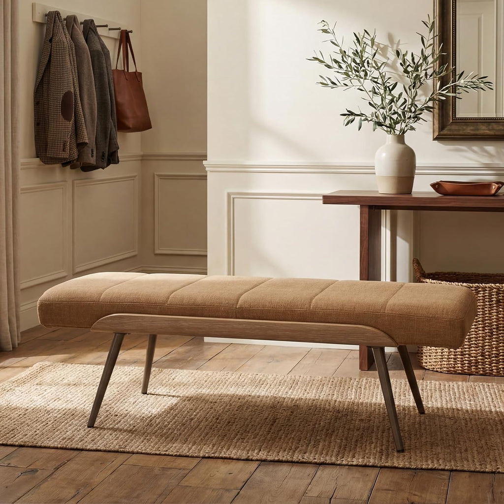 Brown Linen Upholstered Metal‑Leg Ottoman Bench