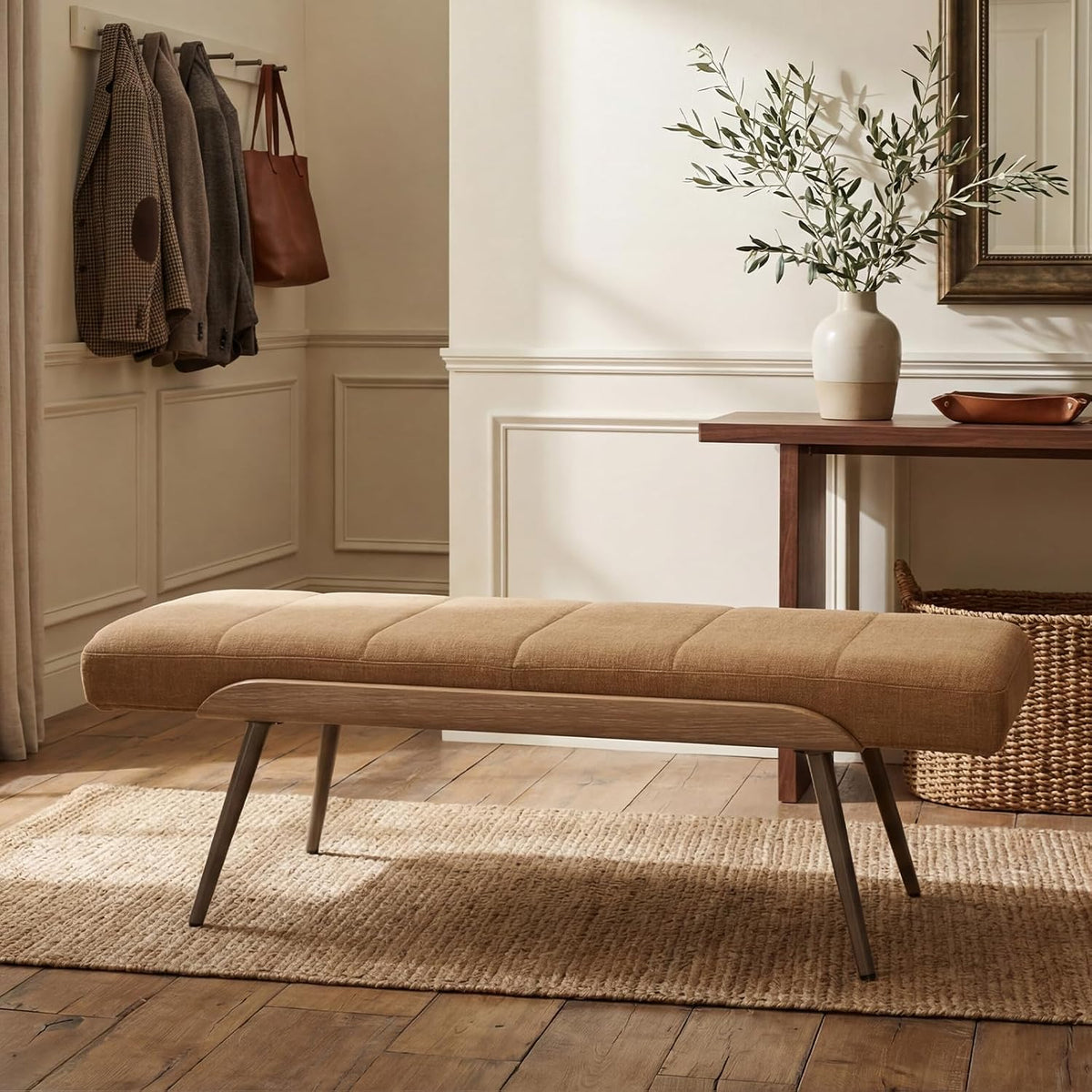 Brown Linen Upholstered Metal‑Leg Ottoman Bench