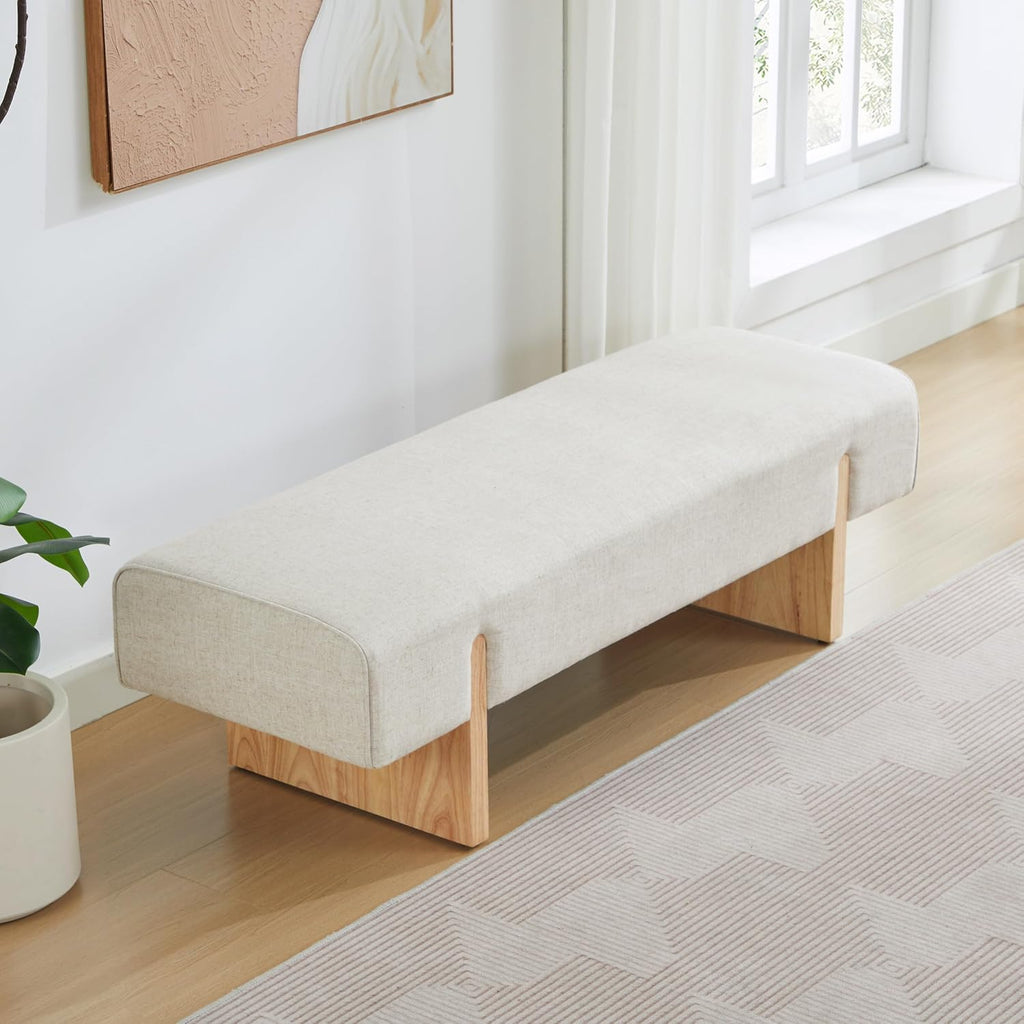 Pale‑Beige Upholstered Solid Wood Bed Bench
