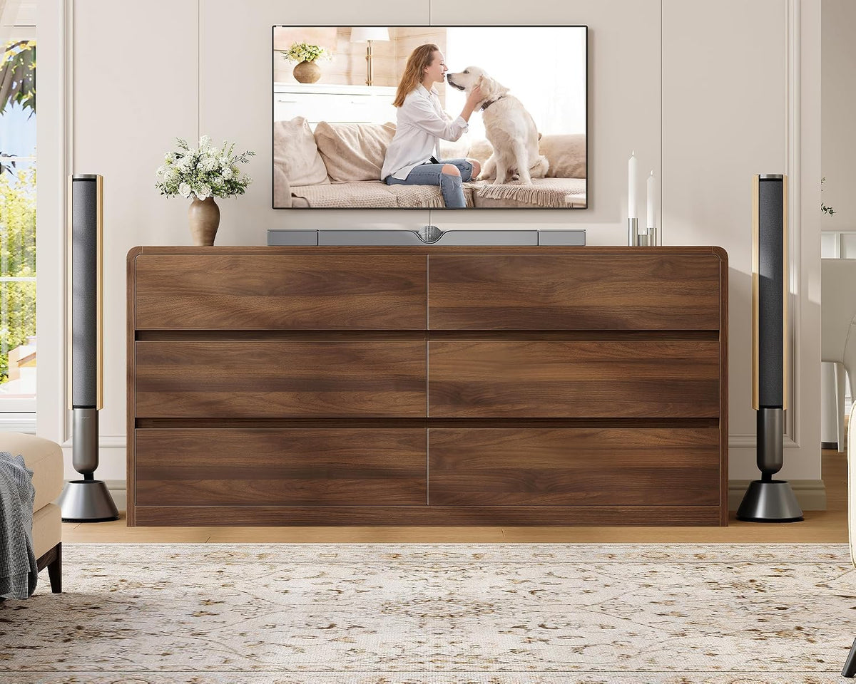 Walnut Curved 6‑Drawer Bedroom Dresser