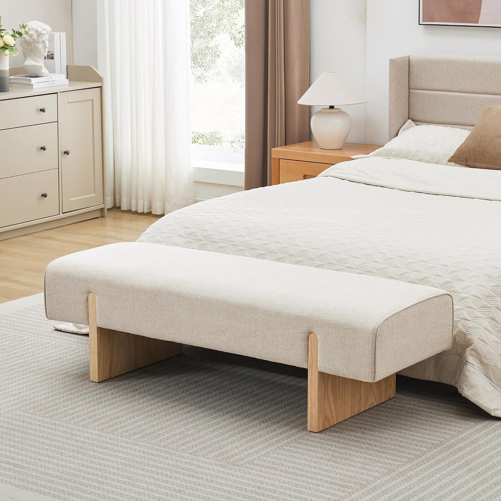 Linen Upholstered Solid Wood Bed End Bench