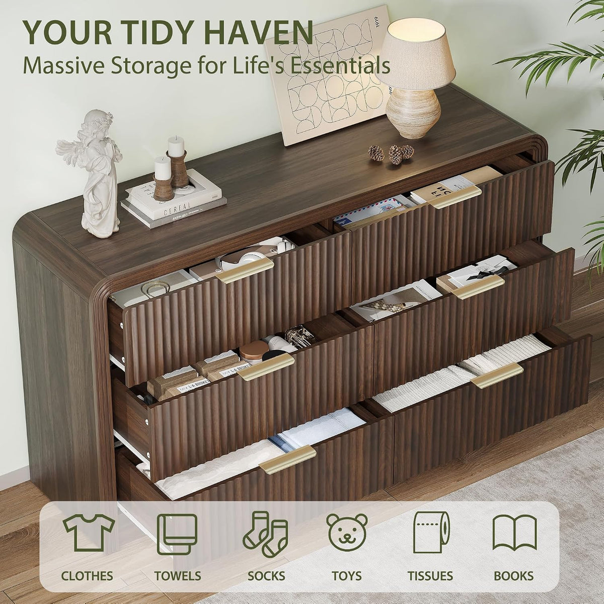 Walnut Fluted 6‑Drawer Dresser