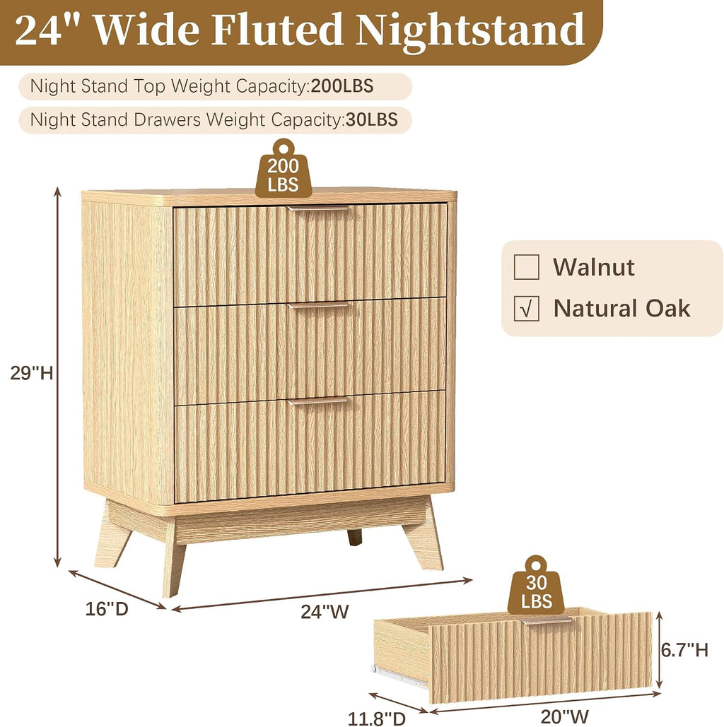 Oak Fluted Nightstand with 3 Drawers