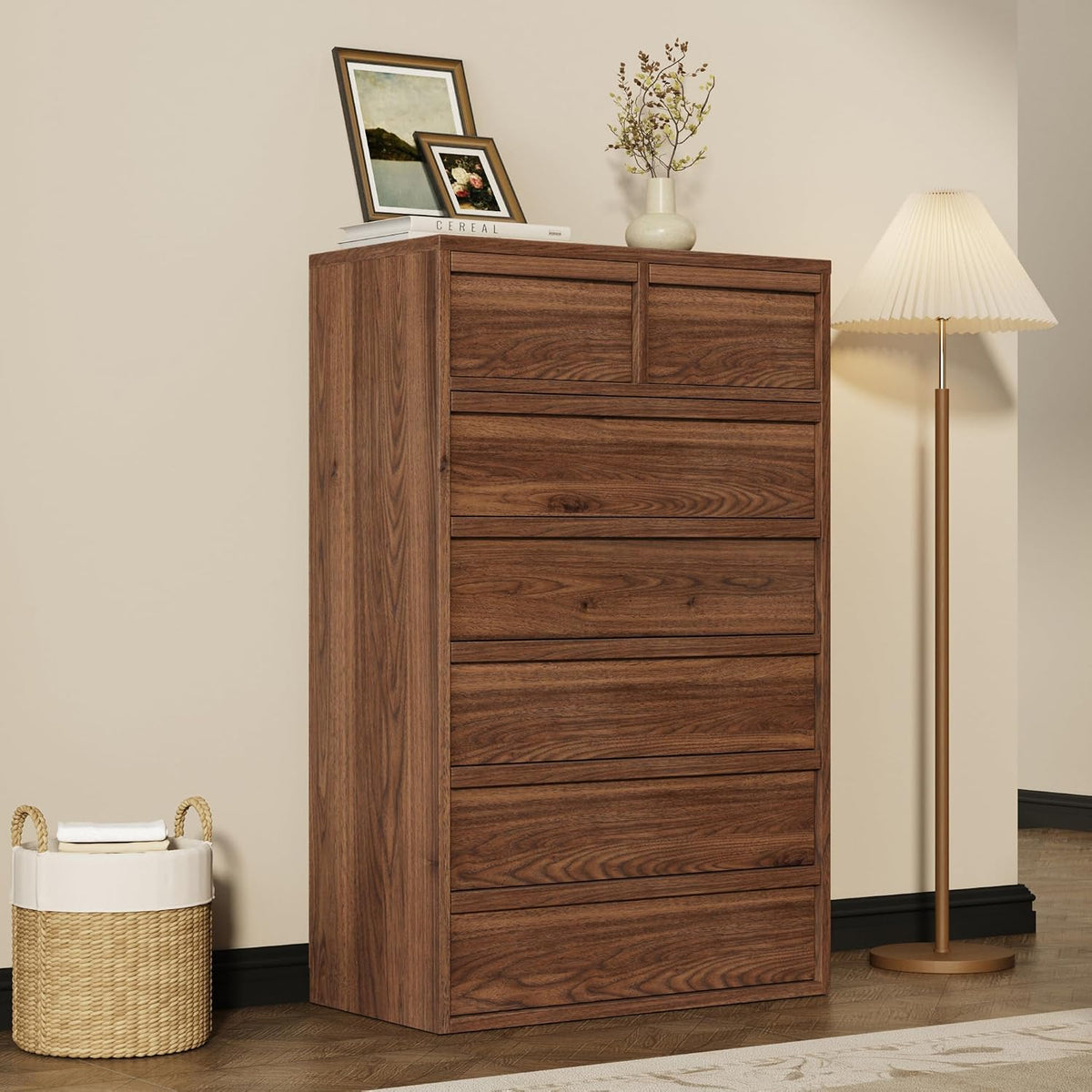 Walnut Tall 7‑Drawer Wooden Dresser