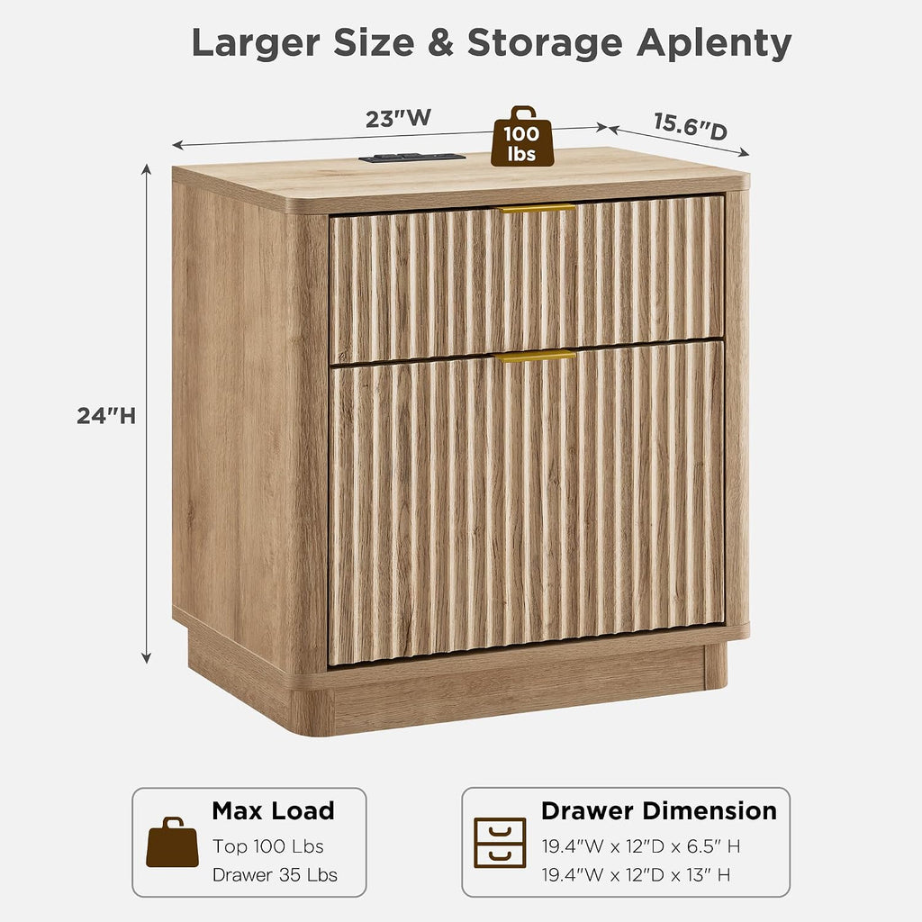 Natural Oak Fluted Charging Nightstand