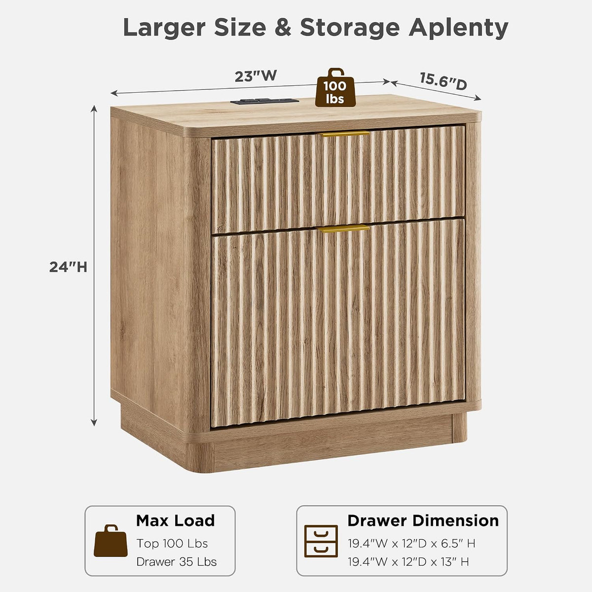 Natural Oak Fluted Charging Nightstand
