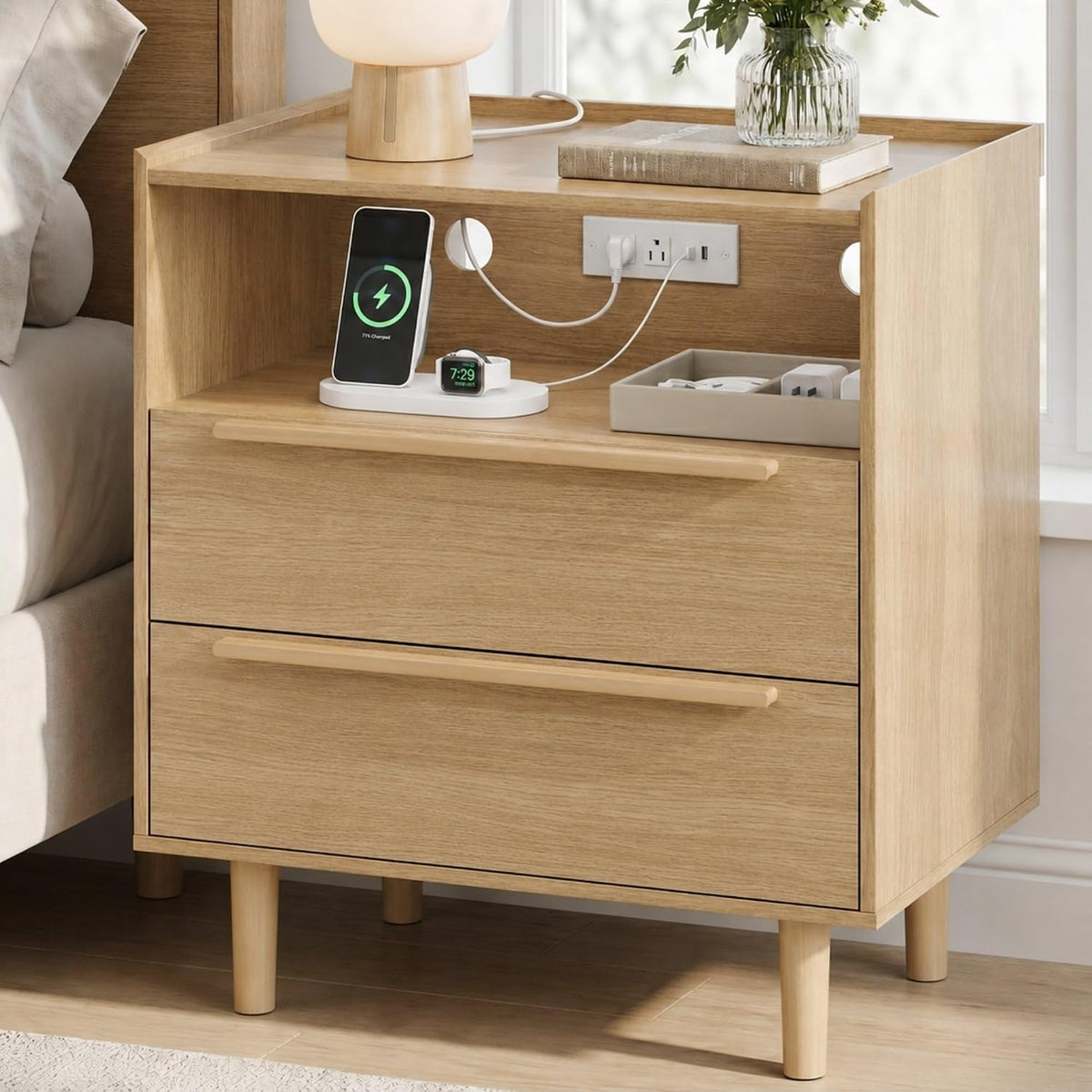 Natural Oak 2‑Drawer Charging Nightstand
