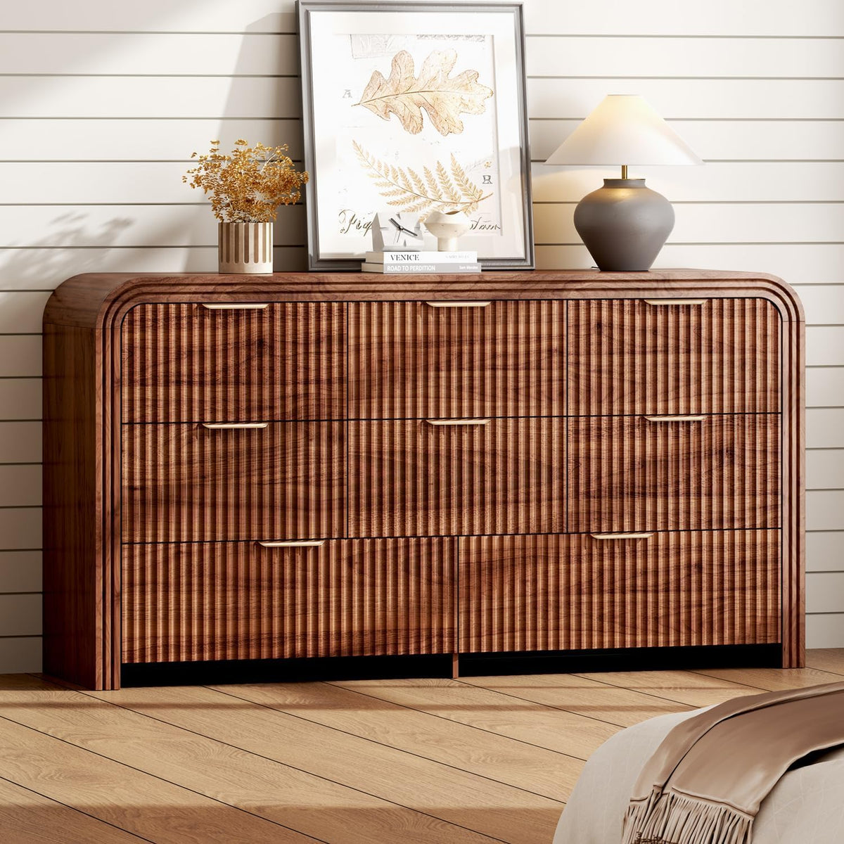 Walnut 8‑Drawer Wide Dresser TV Stand