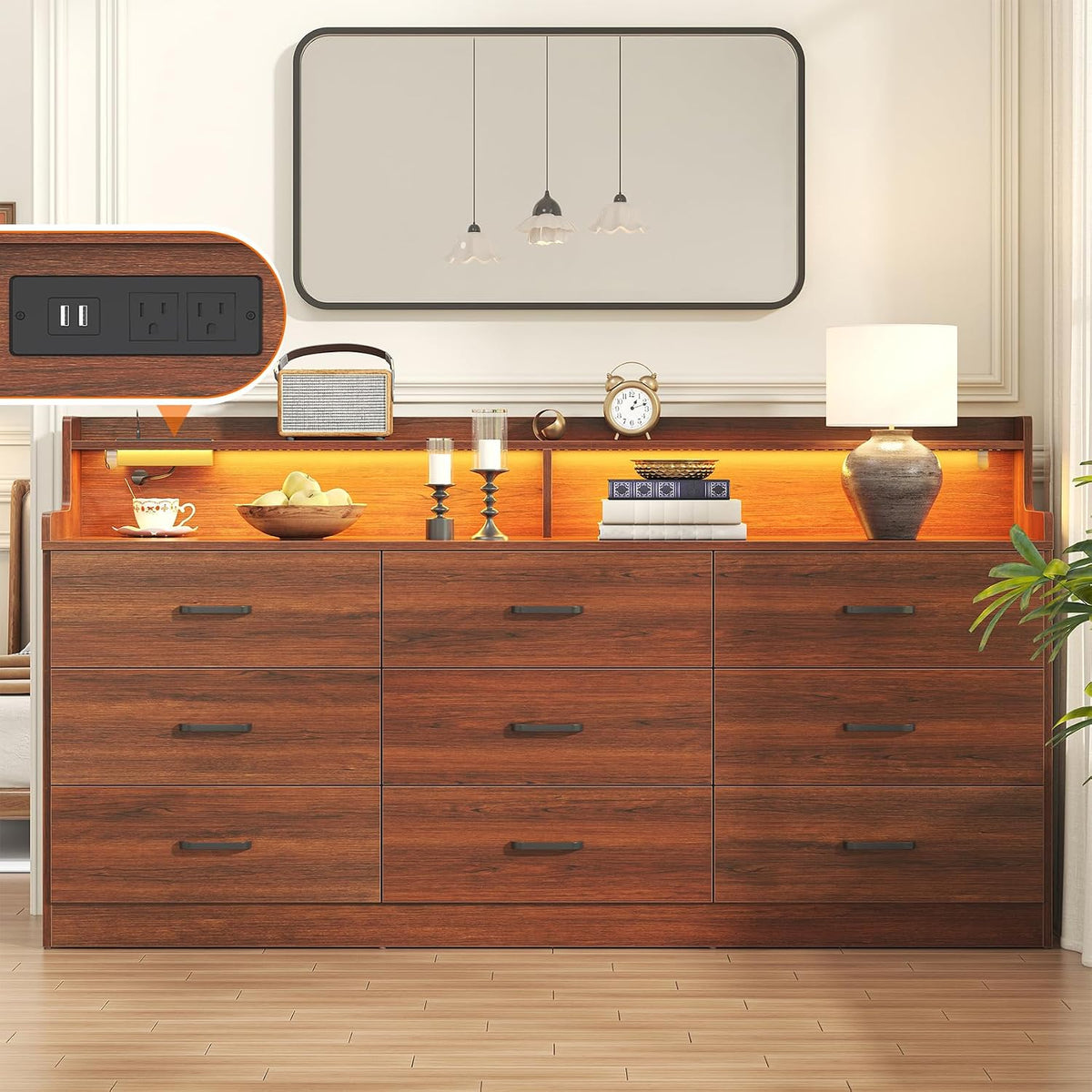 Walnut‑Brown 9‑Drawer LED Dresser