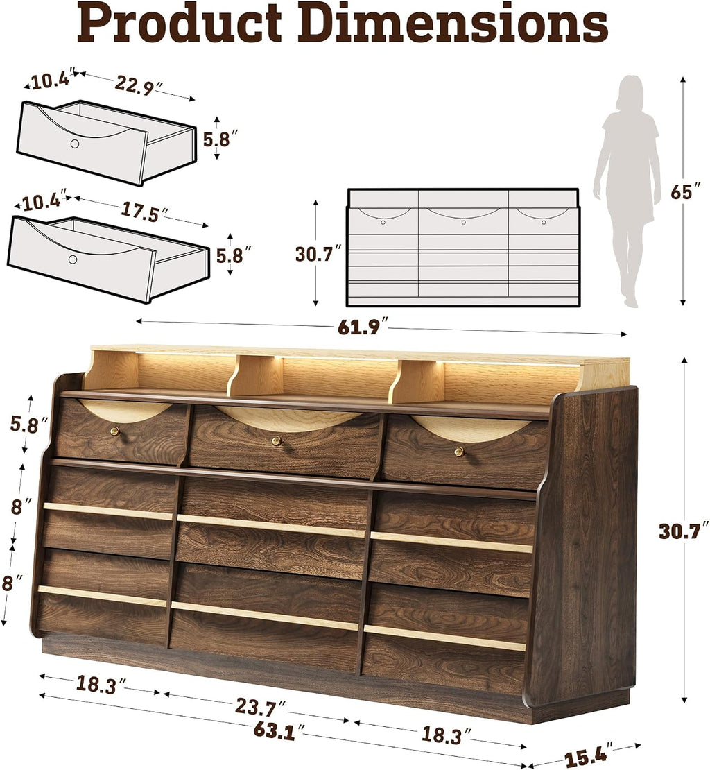 Walnut Curved 9‑Drawer LED Dresser TV Stand