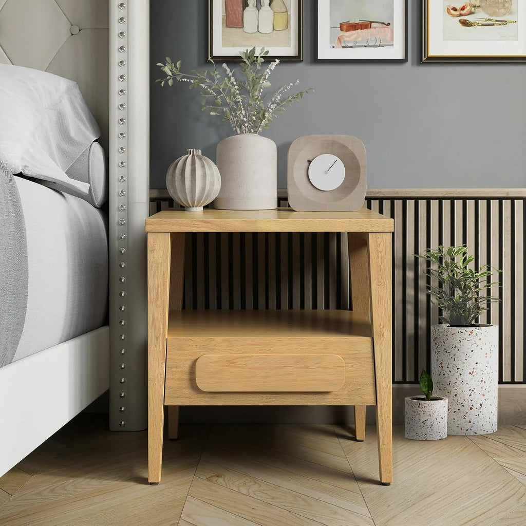 Modern Light Oak Solid Wood Drawer Nightstand
