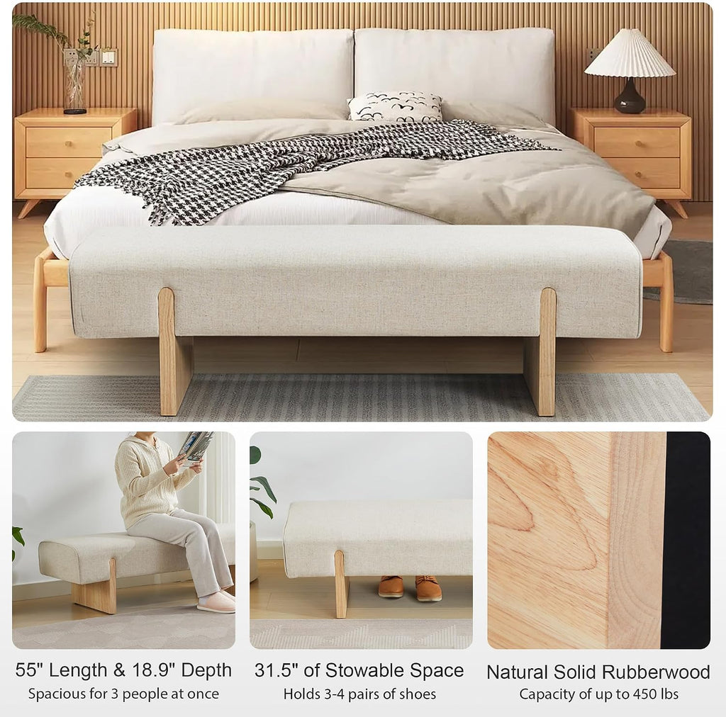 Linen Upholstered Solid Wood Bed End Bench