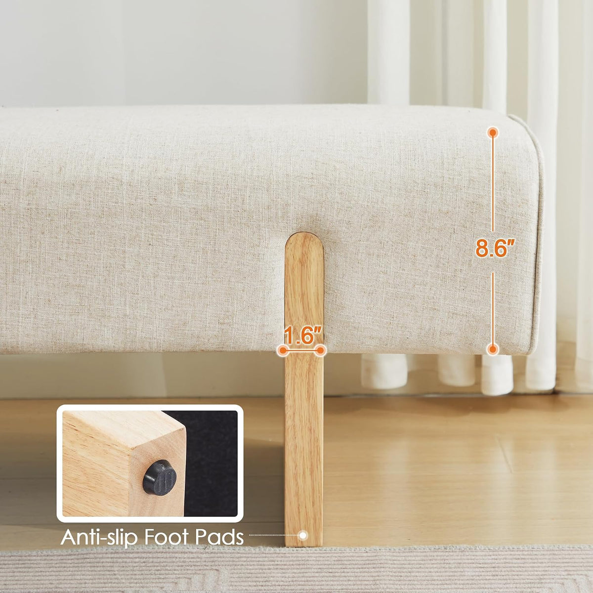 Solid‑Wood Leg Natural‑Linen Upholstered Bed End Bench