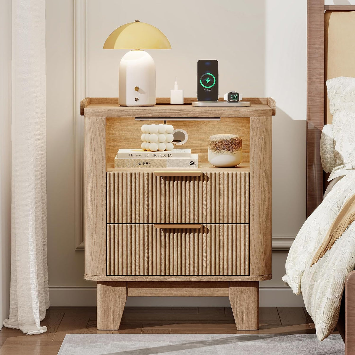Natural Oak Fluted 2‑Drawer Charging Nightstand